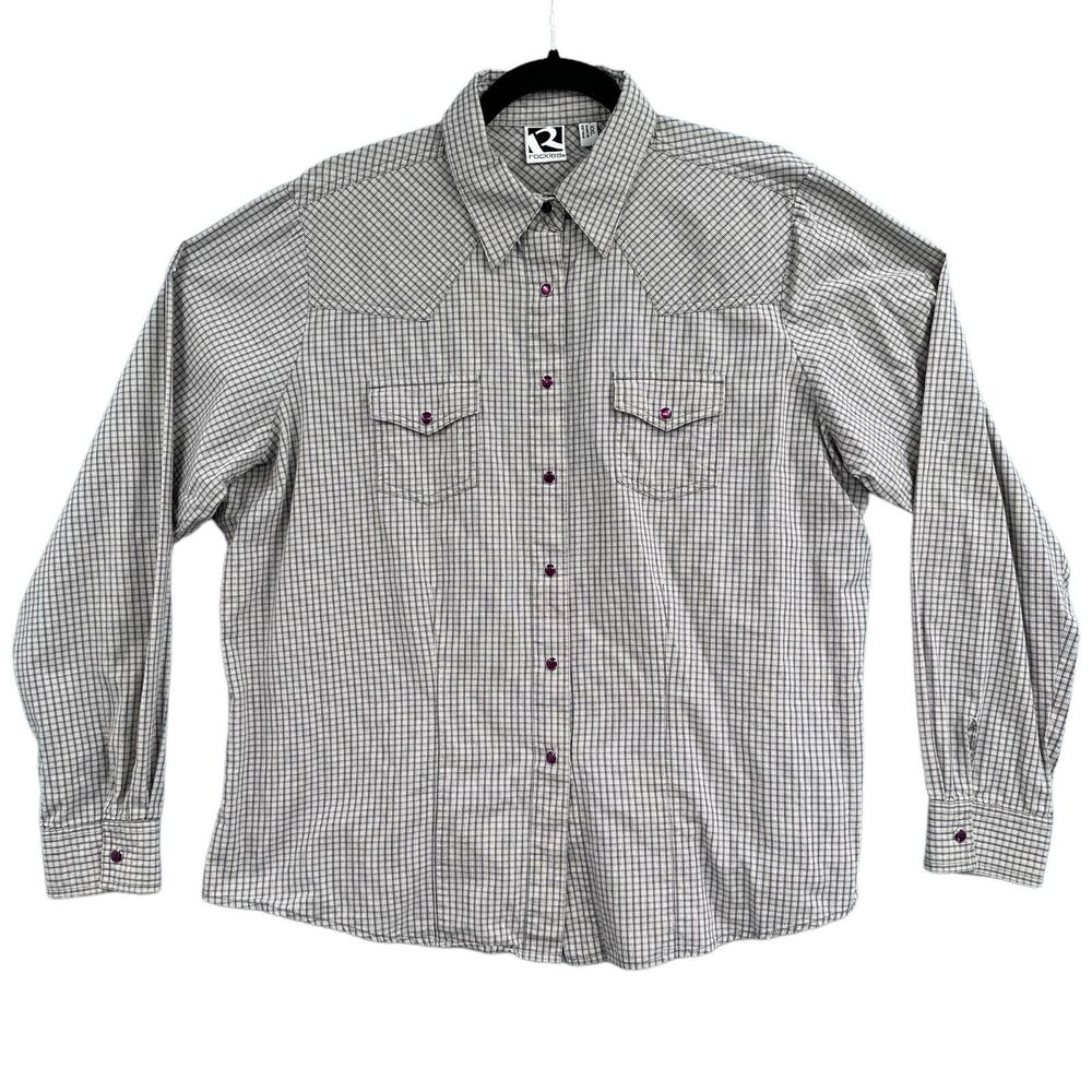 Rockies Western Pearl Snap Shirt Womens XXL Gray Plaid Cotton Cowboy Ranch Rodeo